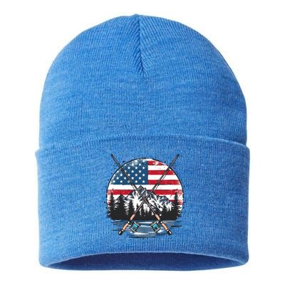 Lake With Rods American Flag Design Patriotic Fishing Gift Sustainable Knit Beanie