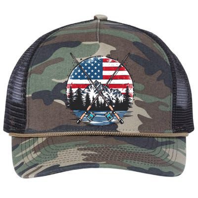 Lake With Rods American Flag Design Patriotic Fishing Gift Retro Rope Trucker Hat Cap