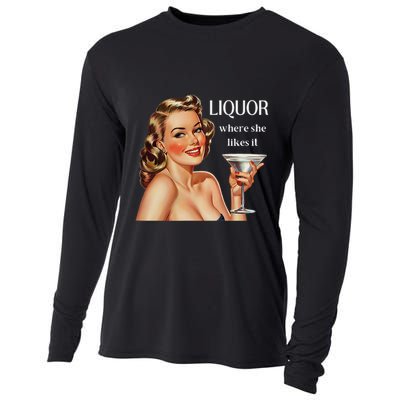 Liquor Where She Likes It Funny Drinking Alcohol Lover Cooling Performance Long Sleeve Crew