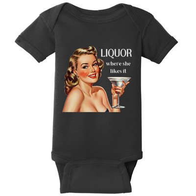 Liquor Where She Likes It Funny Drinking Alcohol Lover Baby Bodysuit