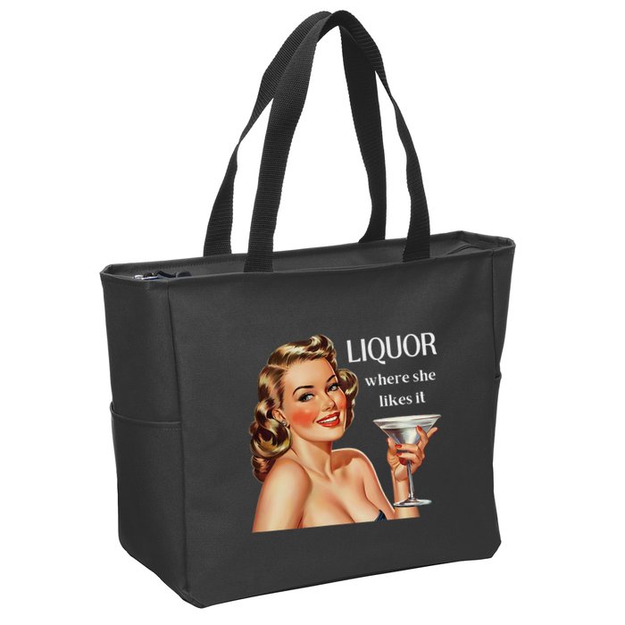 Liquor Where She Likes It Funny Drinking Alcohol Lover Zip Tote Bag