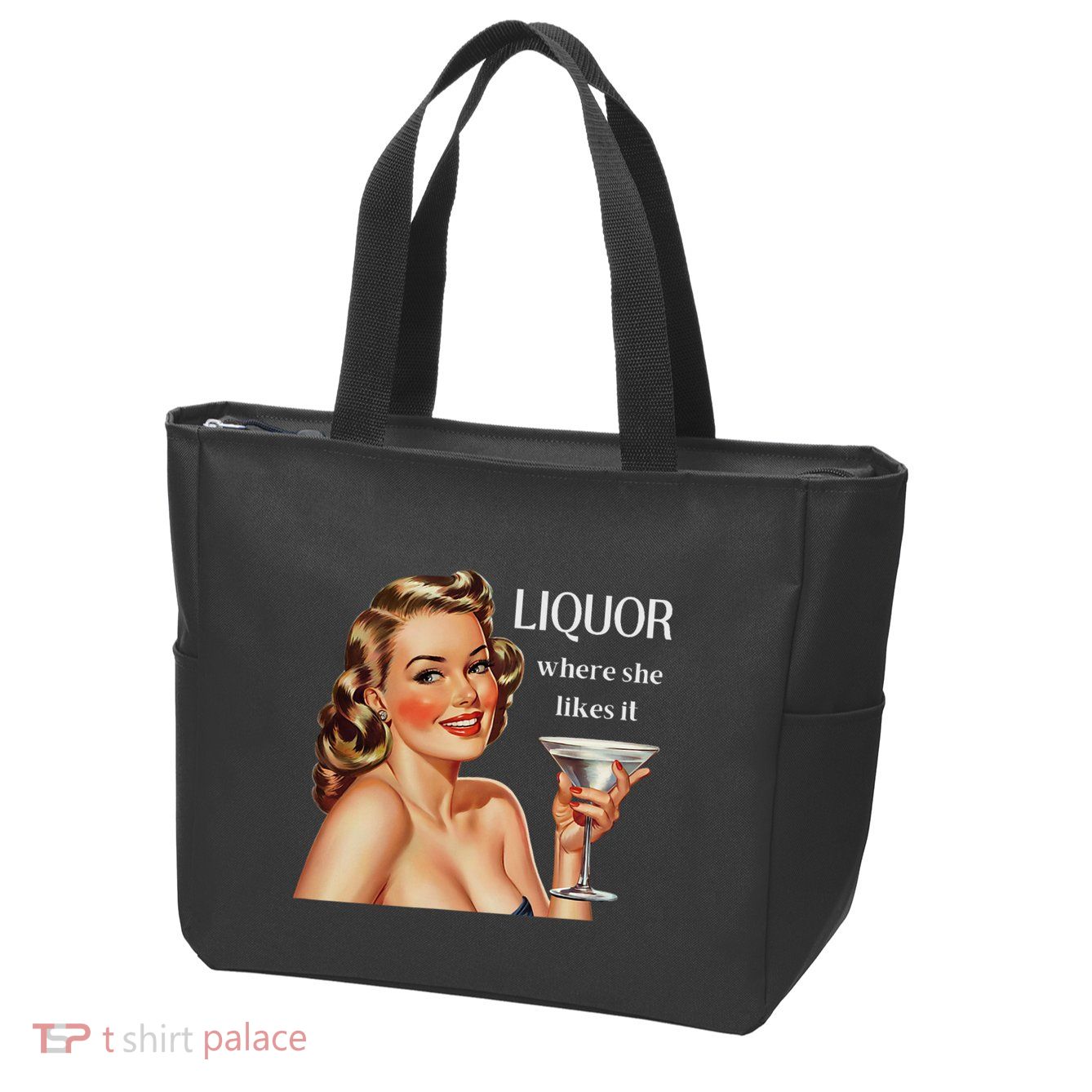 Liquor Where She Likes It Funny Drinking Alcohol Lover Zip Tote Bag
