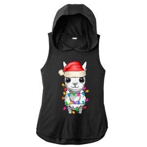 Llama Wearing Santa Hat Christmas Lights Graphic Animal Lover Ladies PosiCharge Tri-Blend Wicking Draft Hoodie Tank