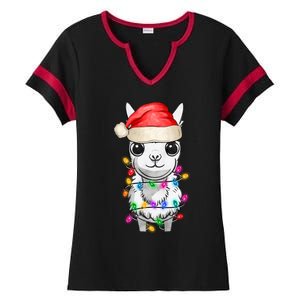 Llama Wearing Santa Hat Christmas Lights Graphic Animal Lover Ladies Halftime Notch Neck Tee