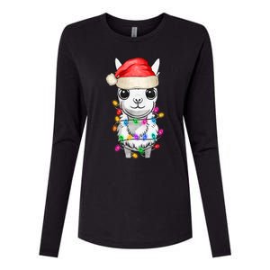 Llama Wearing Santa Hat Christmas Lights Graphic Animal Lover Womens Cotton Relaxed Long Sleeve T-Shirt