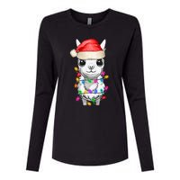 Llama Wearing Santa Hat Christmas Lights Graphic Animal Lover Womens Cotton Relaxed Long Sleeve T-Shirt