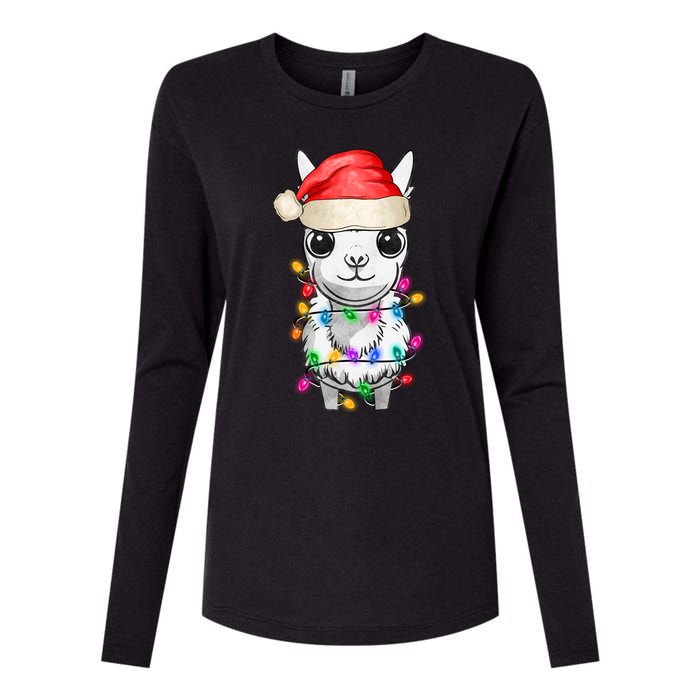 Llama Wearing Santa Hat Christmas Lights Graphic Animal Lover Womens Cotton Relaxed Long Sleeve T-Shirt