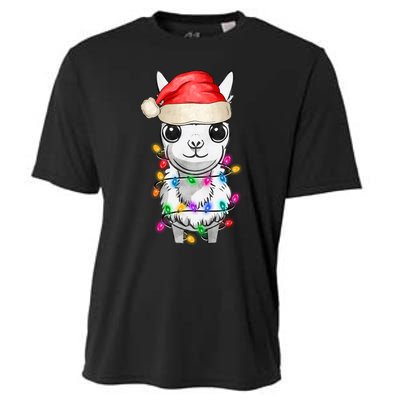 Llama Wearing Santa Hat Christmas Lights Graphic Animal Lover Cooling Performance Crew T-Shirt