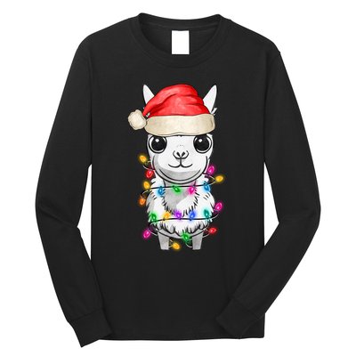 Llama Wearing Santa Hat Christmas Lights Graphic Animal Lover Long Sleeve Shirt