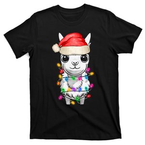 Llama Wearing Santa Hat Christmas Lights Graphic Animal Lover T-Shirt