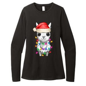 Llama Wearing Santa Hat Christmas Lights Graphic Animal Lover Womens CVC Long Sleeve Shirt