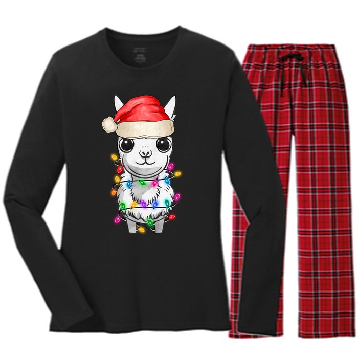 Llama Wearing Santa Hat Christmas Lights Graphic Animal Lover Women's Long Sleeve Flannel Pajama Set 