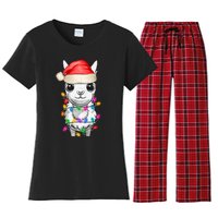 Llama Wearing Santa Hat Christmas Lights Graphic Animal Lover Women's Flannel Pajama Set