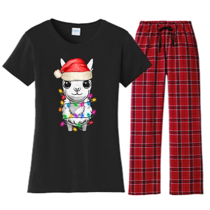 Llama Wearing Santa Hat Christmas Lights Graphic Animal Lover Women's Flannel Pajama Set