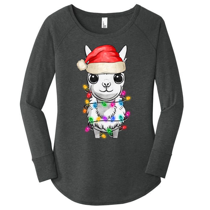 Llama Wearing Santa Hat Christmas Lights Graphic Animal Lover Women's Perfect Tri Tunic Long Sleeve Shirt