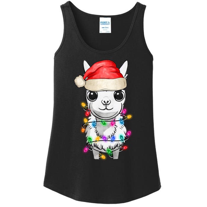 Llama Wearing Santa Hat Christmas Lights Graphic Animal Lover Ladies Essential Tank