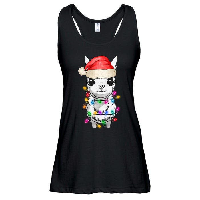 Llama Wearing Santa Hat Christmas Lights Graphic Animal Lover Ladies Essential Flowy Tank