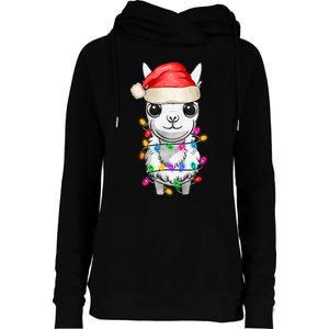 Llama Wearing Santa Hat Christmas Lights Graphic Animal Lover Womens Funnel Neck Pullover Hood