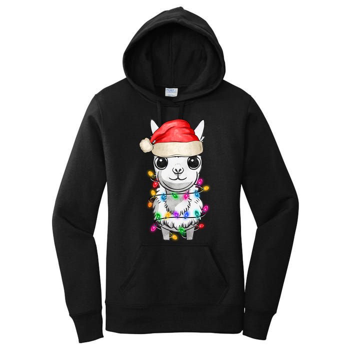 Llama Wearing Santa Hat Christmas Lights Graphic Animal Lover Women's Pullover Hoodie