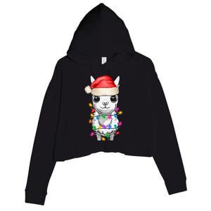 Llama Wearing Santa Hat Christmas Lights Graphic Animal Lover Crop Fleece Hoodie