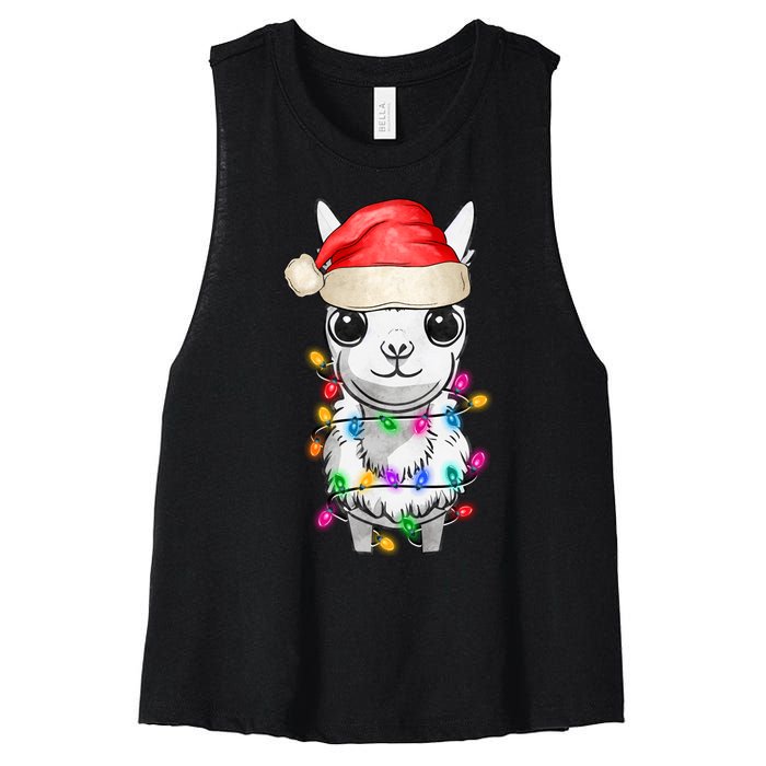 Llama Wearing Santa Hat Christmas Lights Graphic Animal Lover Women's Racerback Cropped Tank