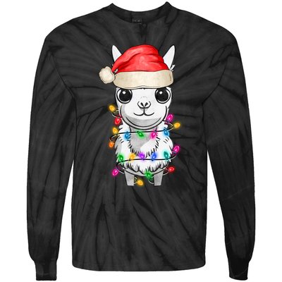 Llama Wearing Santa Hat Christmas Lights Graphic Animal Lover Tie-Dye Long Sleeve Shirt