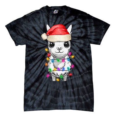 Llama Wearing Santa Hat Christmas Lights Graphic Animal Lover Tie-Dye T-Shirt