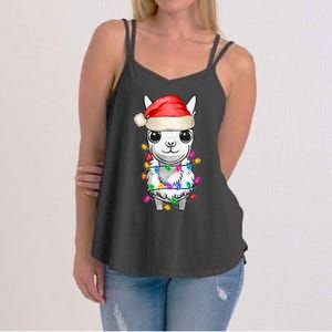 Llama Wearing Santa Hat Christmas Lights Graphic Animal Lover Women's Strappy Tank