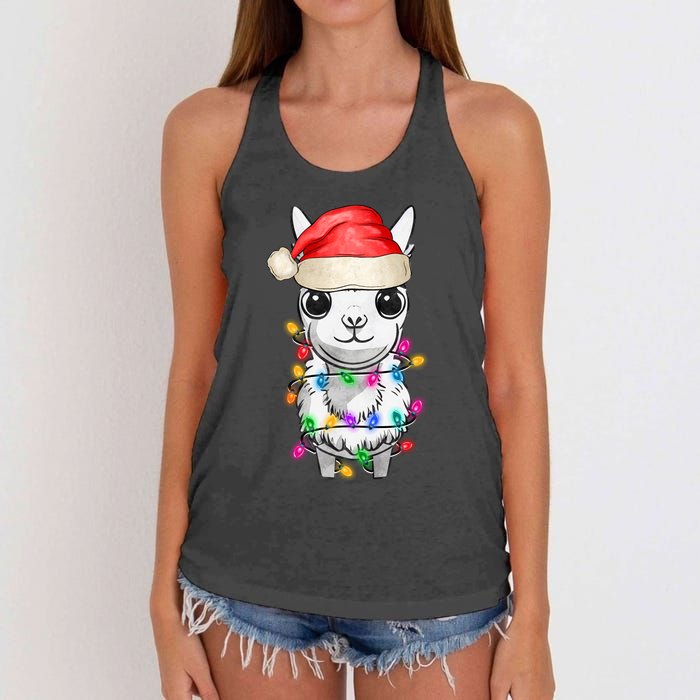 Llama Wearing Santa Hat Christmas Lights Graphic Animal Lover Women's Knotted Racerback Tank