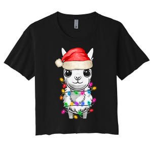 Llama Wearing Santa Hat Christmas Lights Graphic Animal Lover Women's Crop Top Tee