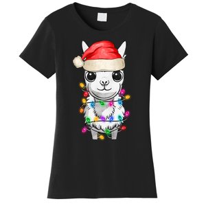 Llama Wearing Santa Hat Christmas Lights Graphic Animal Lover Women's T-Shirt