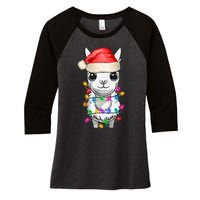 Llama Wearing Santa Hat Christmas Lights Graphic Animal Lover Women's Tri-Blend 3/4-Sleeve Raglan Shirt