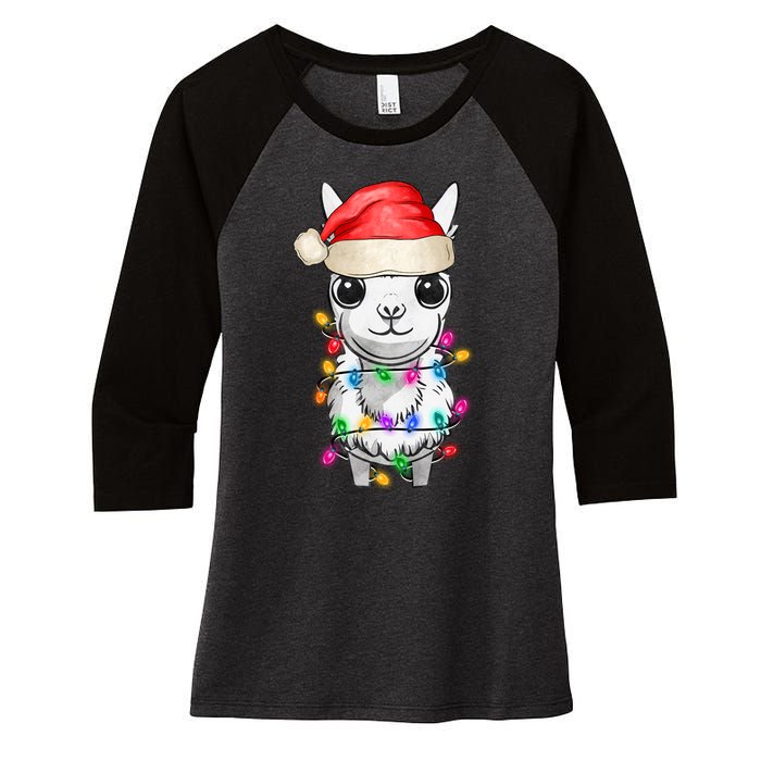 Llama Wearing Santa Hat Christmas Lights Graphic Animal Lover Women's Tri-Blend 3/4-Sleeve Raglan Shirt