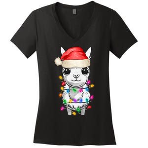 Llama Wearing Santa Hat Christmas Lights Graphic Animal Lover Women's V-Neck T-Shirt