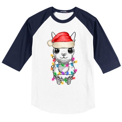 Llama Wearing Santa Hat Christmas Lights Graphic Animal Lover Baseball Sleeve Shirt