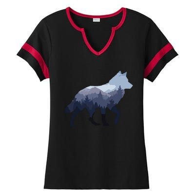 Lone Wolf Survives The Mountain Silhouette Art Ladies Halftime Notch Neck Tee