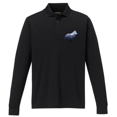 Lone Wolf Survives The Mountain Silhouette Art Performance Long Sleeve Polo