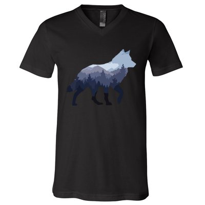 Lone Wolf Survives The Mountain Silhouette Art V-Neck T-Shirt