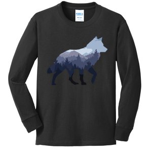 Lone Wolf Survives The Mountain Silhouette Art Kids Long Sleeve Shirt