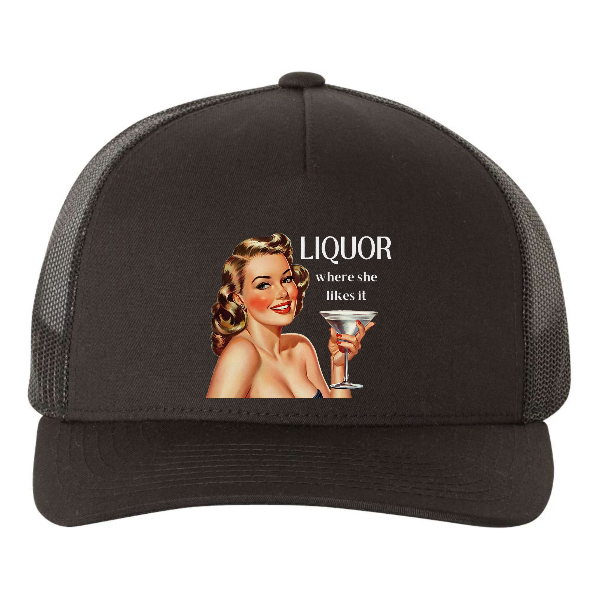 Liquor Where She Likes It Drinking Alcohol Lover Yupoong Adult 5-Panel Trucker Hat