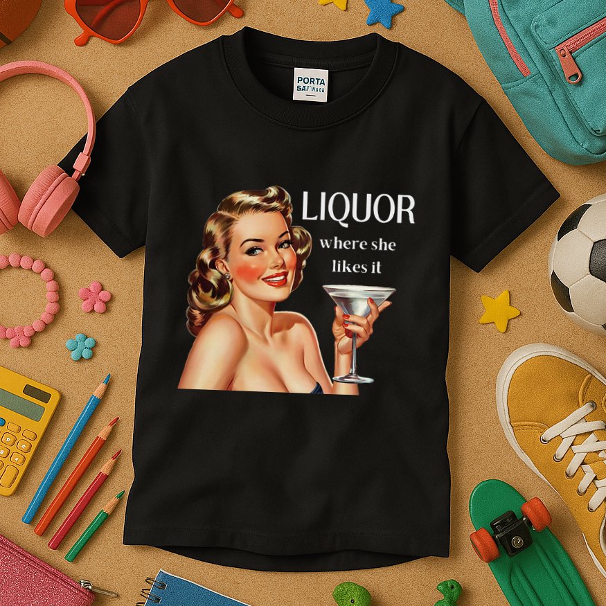 Liquor Where She Likes It Drinking Alcohol Lover Kids T-Shirt