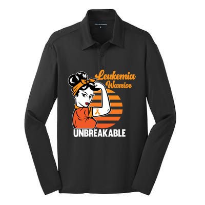 Leukemia Warrior Unbreakable Awareness Orange Ribbon Graphic Great Gift Silk Touch Performance Long Sleeve Polo