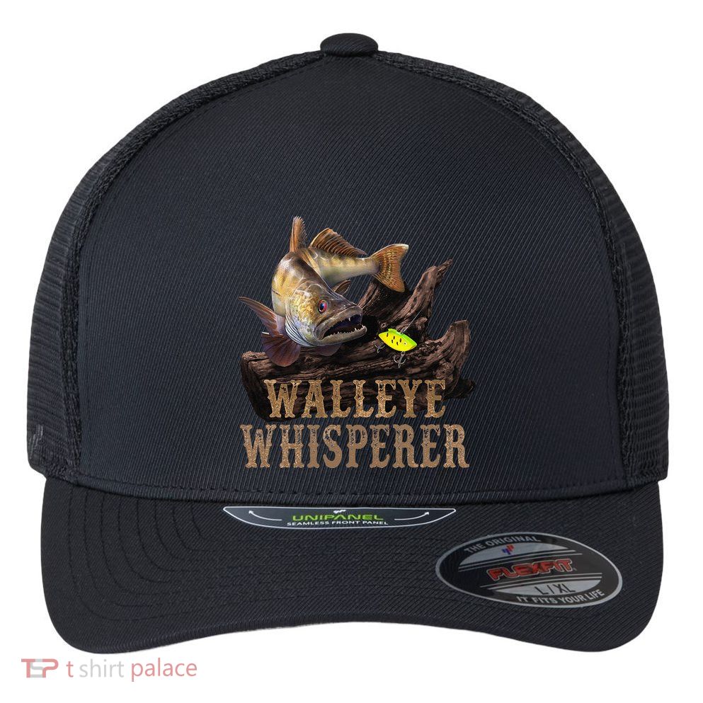 Large Walleye With Fishing Lure Drawing Walleye Whisperer Flexfit Unipanel Trucker Cap