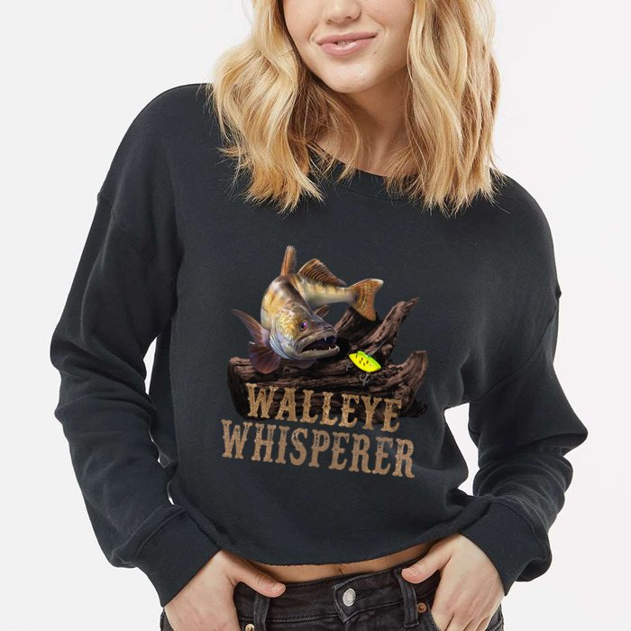 Large Walleye With Fishing Lure Drawing Walleye Whisperer Cropped Pullover Crew