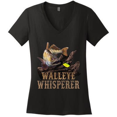 Large Walleye With Fishing Lure Drawing Walleye Whisperer Women's V-Neck T-Shirt