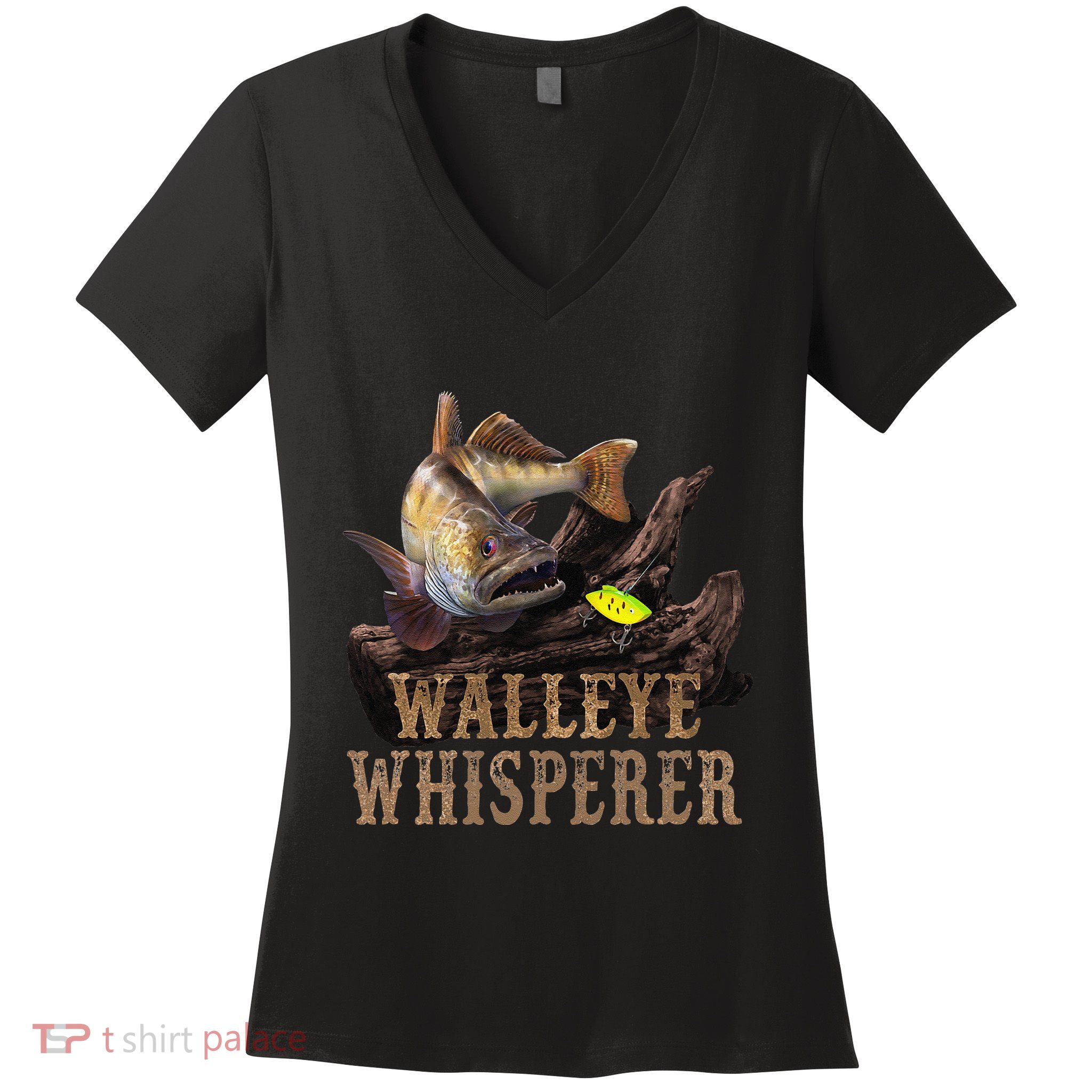 Large Walleye With Fishing Lure Drawing Walleye Whisperer Women's V-Neck T-Shirt