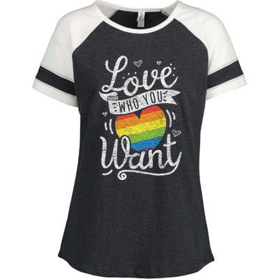 Love Who You Want Rainbow Heart Vintage Style Lgbtq Graphic Cool Gift Enza Ladies Jersey Colorblock Tee