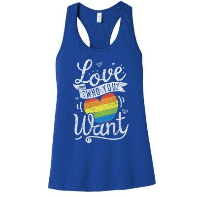 Love Who You Want Rainbow Heart Vintage Style Lgbtq Graphic Cool Gift Women's Racerback Tank