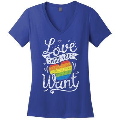 Love Who You Want Rainbow Heart Vintage Style Lgbtq Graphic Cool Gift Women's V-Neck T-Shirt