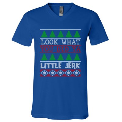 Look What You Did Ya Little Jerk Fun Xmas Ugly Christmas Gift V-Neck T-Shirt